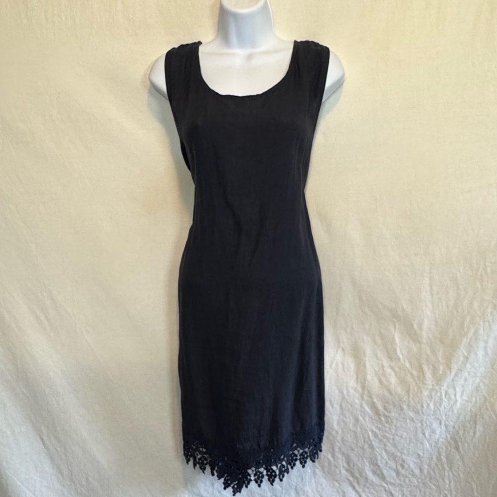 D-40 Rosemarie Black 100% Linen Lace Trim Sleeveless MIDI Summer Dress Size M